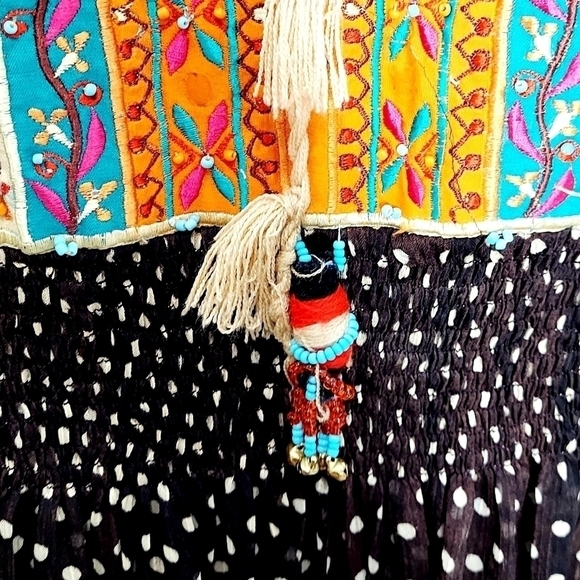 Boho Maxi Dress Smocked Tassled Print Flared Flowy Coachella Festival Sz Small - Picture 9 of 16